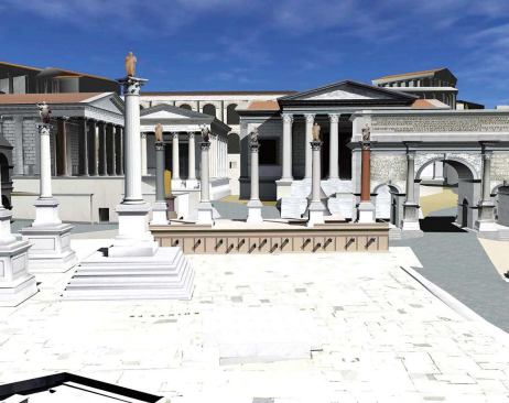 A still from the digital model shows the western end of the Forum, with the Arch of Septimius Severus at right, three temples behind it (see plan, below left), and the Rostra, or speakers' platform, in front. Th