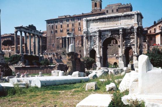 Unlike the fragmentary site today, the Roman Forum in A.D. 320 was imposing, dense with richly decorated temples and monuments.