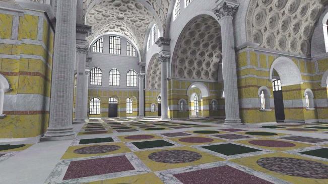 Paved in yellow, red, green, and purple marbles in a pattern of circles and squares, the floor of the Basilica Maxentius recaptures its original splendor in the Rome Reborn model. 