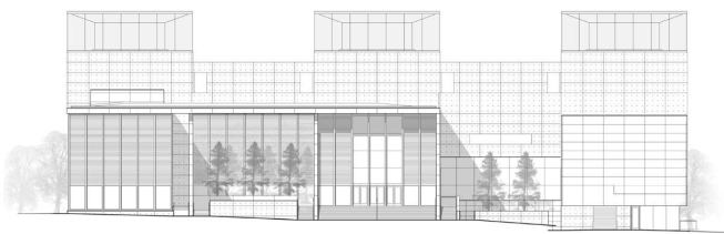 WEST ELEVATION

RATIONAL RESTRAINT

Yet the variety of spatial experiences and differentiation of light and shadow occur within a design framework that is highly ordered and rational.