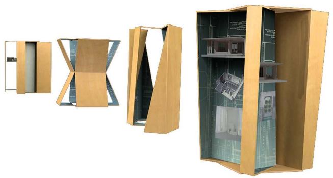 FOUR SALVAGED BOXES

RATIONAL RESTRAINT

The inaugural exhibit at GRAM will be "Four Salvaged Boxes", which explores the process of museum design from the architects' perspective. True to its name, the exhibit takes the form of four boxes, all made out of materials salvaged from the construction of the museum itself. These boxes serve as traveling crates but also as presentation tools, opening up to reveal exhibition items such as models, sketches, and samples of building materials. Each box is devoted to a different concern inherent to the design process: Earth/Water; Light/Air; Space; and Time.

