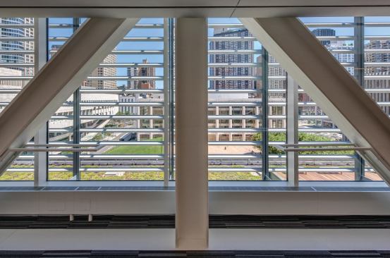 A view through the structural trusses. 