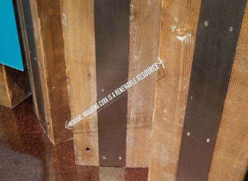 3Form arrows feature information about the recycled content and green aspects of products used throughout the space.