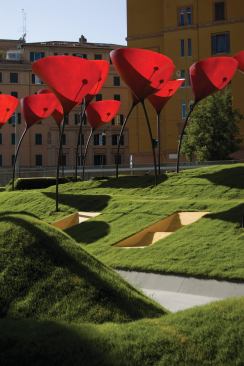 The center island is fixed in place, but the seven smaller islands can be moved around for concerts and events.