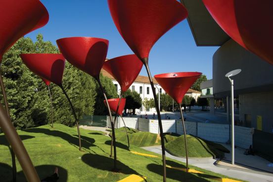 Eighteen fiberglass "flowers" grown out of the turf islands.