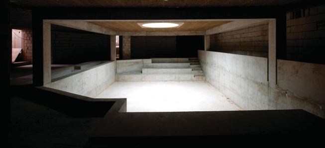 A gathering and performance space in Musikerhaus. The building was designed to hold practice rooms, performance spaces, and living quarters for four musicians at a time.