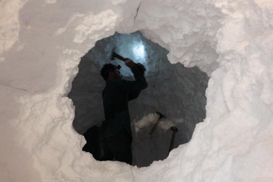 The Brooklyn-based Snarkitecture filled the space with blocks of Styrofoam and then set upon it with pickaxes, excavating a cave-like volume from the foam.