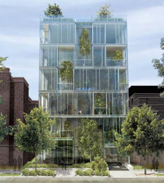 Culver House, Dirk Denison Architects. East Elevation: The east façade of Culver House faces Washington Square, one of Chicago's oldest parks and the center of a city landmark district. Architect and developer Dirk Denison (see Q&A) weaves green terraces and trees throughout the glassy façades of his six-story Culver House to enhance each apartment's living spaces and to represent the ecologically sensitive nature of his project's conception. Denison is selling the apartments with design services that customize each unit to the individual buyer's needs. Primary Contractor: Undetermined - Developer: Culver House - Financing: Withheld by owner - Construction Cost: Withheld by owner - Status: Undetermined - Expected Opening: Undetermined - Total Units: 8; One-Bedroom: 1; Two-Bedroom: 3; Three-Bedroom: 3; Four-Bedroom: 1- Number of Floors: 6- Gross SF: 27,100 square feet - Structure: Concrete - Amenities: Undetermined

