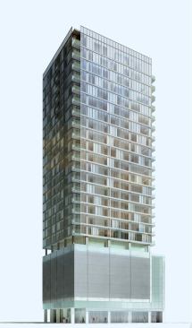 550 North St. Clair, Brininstool + Lynch, Architects. This structure sports a contemporary aesthetic that's the specialty of architect David Brininstool and his partner, Brad Lynch. Most apartment plans use interior glazing and eschew traditional hung doors for sliding panels to create more open, modern layouts—a quality that the building's marketers are deliberately highlighting. Primary Contractor: Linn-Mathes Inc. - Developer: Sutherland Pearsall Development Corp. - Financing: Private - Construction Cost: $42 million - Status: Due for completion summer 2007 - Total Dwelling Units: 112; Studio: 18; One-Bedroom: 26; Two-Bedroom: 36; Three-Bedroom: 24; Other: 8 penthouses, each with 3 or more bedrooms - Number of Floors: 26 - Total Height: 296 feet - Gross SF: 224,000 square feet - Structure: Post-tension, cast-in-place concrete - Amenities: Indoor pool, fitness center, garden