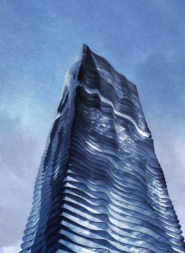 Aqua, Studio/Gang/Architects. While cast-in-place concrete has long been the norm for high-rise apartment construction in Chicago, no one since Bertrand Goldberg (with his iconic Marina City) has explored the sculptural possibilities inherent in the material. Jeanne Gang's Aqua promises a new take on the box, using computer and GPS technologies to form more than 80 floors of undulating slabs. Associated Architect: Loewenberg Associates - Primary Contractor: McHugh Construction - Developer: Magellan Development Group - Financing: TBD - Construction Cost: $300 million - Status: Due for completion summer 2008 - Total Dwelling Units: Hotel: 210; Condo: 234; Studio: 12; One-Bedroom: 46; Two-Bedroom: 44; Three-Bedroom: 44; Three-Bedroom Duplex: 4; Penthouse: 2; Rental: 476; Convertible: 30; One-Bedroom + Den: 36; Two-Bedroom + Den: 18; Three-Bedroom + Den: 4 - Number of Floors: 81- Gross SF: 1,750,000 square feet - Structure: Reinforced, cast-in-place concrete - Amenities: Indoor and outdoor pools, library, coffee bar, roof gardens

