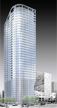 600 North Fairbanks, Murphy/Jahn Architects. Helmut Jahn's first commercially developed residential structure in Chicago is being marketed closely with his globetrotting persona; promotional materials for 600 North Fairbanks use “Helmut Jahn Architect” rather than the corporately correct “Murphy/Jahn.” Primary Contractor: Bovis Lend Lease - Developer: Schatz Development - Financing: Fremont Investment & Loan - Construction: Cost Withheld by owner - Status: Due for completion March 2008 - Total Dwelling Units: 227; One-Bedroom: 118; Two-Bedroom: 77; Three-Bedroom: 32 - Number of Floors: 41 - Gross SF: 452,277 square feet - Structure: Reinforced concrete - Amenities: Balconies, swimming pool, media/party room, landscaped roof deck

