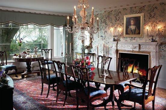 The formal dining room in the 1890s section has hand-silkscreened wall paper. Cebula Design did much of the interior design.