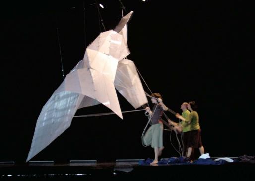California: Stage set for John Jasperse - Eloueini conceived of the set as a surface that morphs, allowing for various interactions with the dancers. Here, the parts simulate kites.