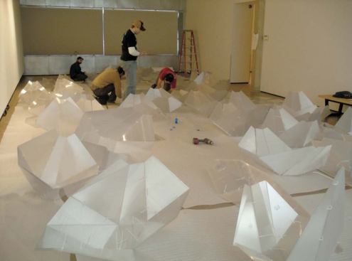 Nubik, Grand Arts Gallery, Kansas City - Pods were assembled on the gallery floor prior to installation on the ceiling.