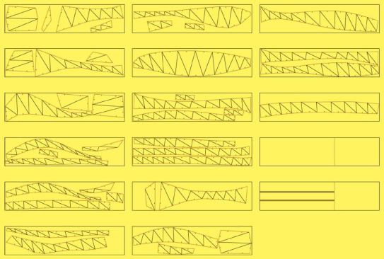 Pleats Please, Issey Miyake, Berlin - Eloueini typically starts a design with animation software such as Softimage. Once the complex surface is resolved, he imports the drawing into Pepakura, an inexpensive software that flattens the complex surface and numbers the pieces. From there, the drawings are taken into AutoCAD, or a similar program, to complete the data for the CNC (computer numerically controlled) milling machine. The drawings shown here document the 17 polycarbonate panels, each 2 feet by 8 feet, used in the Berlin showroom.
