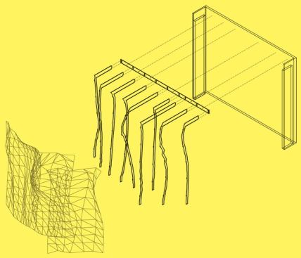 Pleats Please, Issey Miyake, Berlin - Tenant restrictions at the Galeries Lafayette prohibited attaching fixtures to the floor. So, as this assembly drawing shows, the screen was designed to attach to the wall and simply rest on the floor. The polycarbonate surface, once assembled, gives the piece its stability.