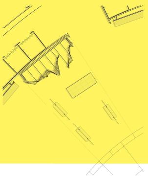 Pleats Please, Issey Miyake, Berlin - The wedge-shaped space is a product of the building’s circular form. This floor plan shows clothing racks and a table, in addition to the biomorphic screen and its supporting ribs.