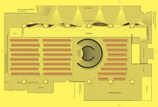 Fashion Show, School of the Art Institute, Chicago - The fashion show occurred in a beaux-arts ballroom on Chicago’s Michigan Avenue. Eloueini wove the polycarbonate surfaces through an existing colonnade and lit them from behind.
