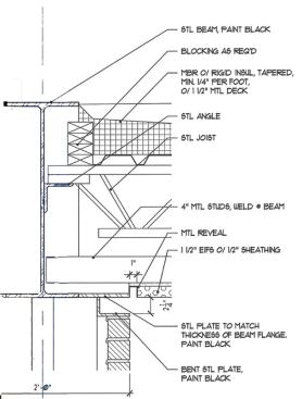 Canopy Edge @ Wall - The detail drawing illustrates the connection between the roof of the south-facing porch and a freestanding brick wall. A 2 1/4-inch reveal separates the standard wide-flange I-beams from the masonry. “Where these two materials would come slamming together, this reveal provides a soft connection,” Elliott says. “The reveal leaves enough tension for the two materials to connect but separates them with some air.”