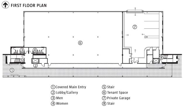 Elliott traded a conventional lobby for a hallway along the south side of the ground floor (left), anchored by fire stairs at either end. “You look out the rows of windows and have a sense of the activity and movement along the street,” Elliott says. “You aren’t in some interior lobby where you have no sense of orientation.”
