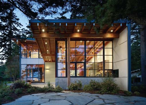 The architects continued the home's textured ceiling outside to form an exterior soffit.