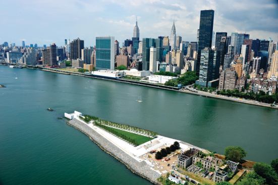 Kahn's F.D.R. memorial, with a wide grass plain flanked by linden trees, narrows toward the southern tip of Roosevelt Island. At the tip is a bust of Roosevelt and words from his 1941 “Four Freedoms” speech.