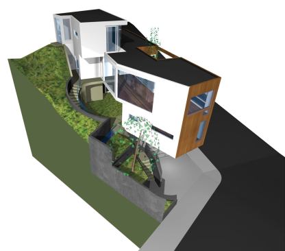 The landscaped side yard climbs in a series of terraces that relate to interior floor elevations. Exterior materials that wrap into the building reinforce the inside-outside connection.