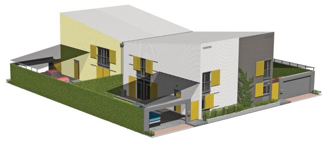 The four-plex configuration gives each unit a private side yard with shaded and secure parking.