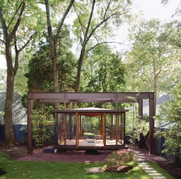 Jameson thinks of the tea house as a ghost structure: you occupy space inside the floating steel frame.