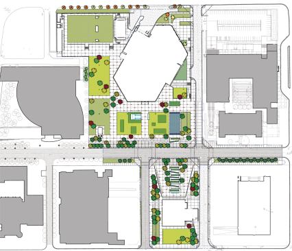 Site Plan: Winspear Opera House (top middle); Wyly Theatre (bottom middle); future site of Skidmore, Owings & Merrill's City Performance Hall (bottom right)