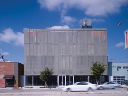A view of the front elevation with all metal screens closed.