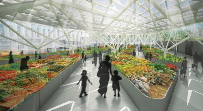 A scheme by Architecture Research Office covers the approach to the Brooklyn-Battery Tunnel with a public market hall—with a louvered roof for passive lighting and cooling—where local farmers can sell their wares. This market hall is connected to a green space and a public plaza, creating three separate-yet-connected spaces that will encourage tourists and residents to spend more time in Lower Manhattan.