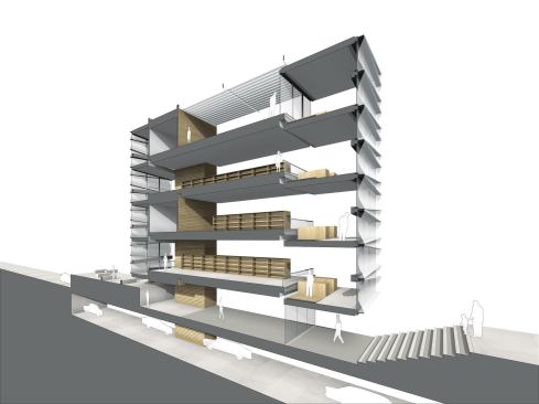 The section shows the stacks on thick concrete slabs, anchored by an off-center core that minimizes the need for columns. Encircling the central slabs are the gently sloped stair-step ramps that provide circulation through the building.