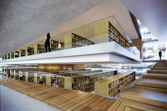 A void between the circulation ramps and the central floor plates allows visitors to take in multiple levels from one vantage point. Because the concrete floor slabs appear to float, their finished edges become part of the visual experience.
