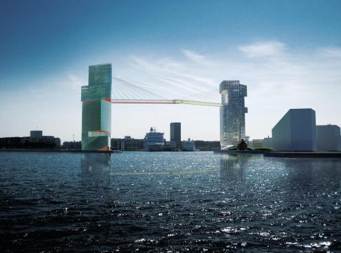 The Langelinie and Marmormolen towers form the LM Harbor Gateway, which serves as the new entry point to Copenhagen Harbor. The office towers are connected by a cable-stay bridge suspended 213 feet above the water’s surface.