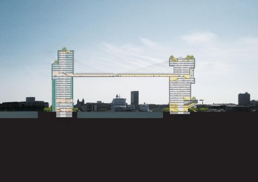 The tinted areas on this building section identify the spaces that are accessible to the public. Escalators rise from the ground level to elevators, which access the connecting bridge; a public observation deck tops each tower.