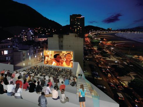 On the roof of the museum is an open-air movie theater with riser seating. This area is open to the public and can be used for events or as an extension of the museum’s exhibition space.