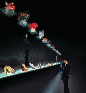 Exhibition display strategies are still under development, but one of them is to suspend the objects, such as shoes and hats of iconic film figures, on clear shelving, making them seem to float in air.