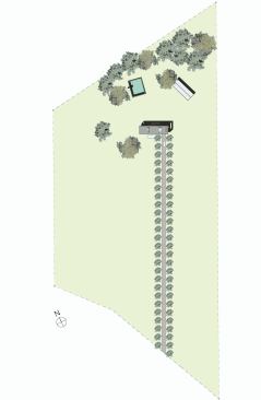 The house deals with the existing driveway axis indirectly. Behind the house are a farm shed and fireplace ruins from an old prefab house. 




