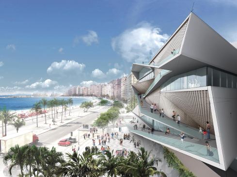 Climbing the façade is a series of switch-backing ramps that allow access to the after-hours restaurant, piano bar, and rooftop movie theater. The ramps draw the streetscape up the front of the building, creating a vertical boulevard.