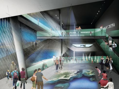A central void in the building will be broken up by a series of ramps that take visitors to split-level galleries, specialized exhibition rooms, and the public entertainment venues.