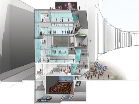 This building section shows the series of internal ramps that visitors will use to move around the building and access the split-level gallery spaces, the projection gallery, and the auditorium on the lower level. The museum sits above several levels of underground parking.