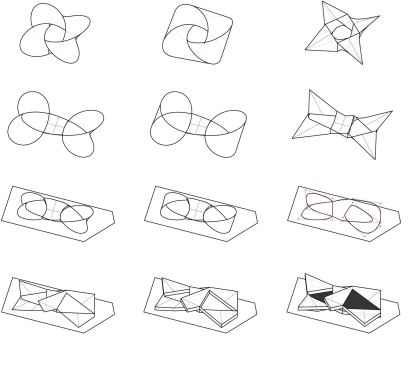 This diagram shows the development of the building massing and interior circulation paths. Starting with the concept of a simple knot, the architects morphed the form to create the final building shape and developed sinuous pathways through the interior space based on the interplay of forms.