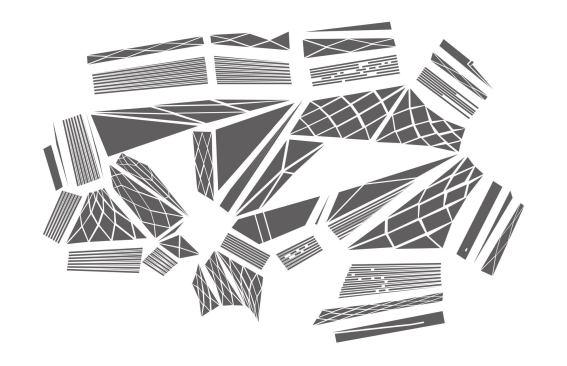 The building’s unique form produces irregularly shaped exterior walls. The architects played with the patterning and orientation of the wall panels, none of which—as this flattened wall panel diagram shows—is like the others.