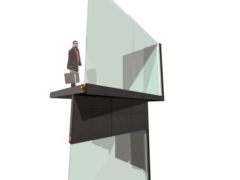 The building’s steel frame is clad in EPDM sheet rubber that is bonded to resin plywood panels. Large windows are formed from 1-3/4" insulated glazing units, canted 3 degrees, and fit into a stainless steel assembly.