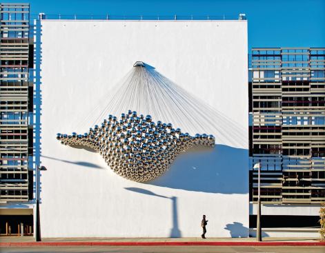 In Santa Monica, Calif., Brooks + Scarpa renovated eight parking garages surrounding the Third Street Promenade, a popular shopping, restaurant, and entertainment district. To improve the pedestrian experience, the firm left large expanses of the façade open for art and cultural installations, including Cradle by design and fabrication studio Ball-Nogues.