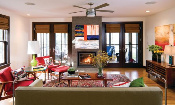 Two sets of Lepage French doors with low-E argon-filled glass connect the living room to the screened porch and facilitate natural ventilation. For easy wheelchair access, the living room floor is at the same level as the screened porch and the doors were customized for a flush threshold. 877.289.0191. www.lepagemillwork.com.