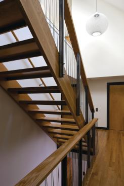 A three-level open riser stair crowned with remote-controlled Energy Star skylights from Velux brings daylighting and fresh air to the core of the home while exhausting unwanted heat. Thanks to ventilation from the skylight and an array of low-E argon-filled Lepage windows (U-factor: 0.29/SHGC: 0.22) , the owners rarely need to use air conditioning, according to architect Douglas Dick. Velux: 800.888.3589. www.veluxusa.com. Lepage: 877.289.0191. www.lepagemillwork.com.
