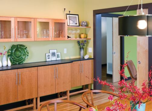 The custom-designed sideboard is topped with EcoTop surfacing, made of an FSC-certified 50/50 blend of bamboo fiber and recycled wood fiber salvaged from demolition sites, bound together by a water-based resin that is free of petroleum and VOCs. 253.904.8608. www.kliptech.com.