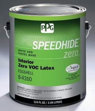 PPG. This company's Speedhide Zero is an acrylic latex paint meant for professional contractors. It can be used on drywall, masonry, wood, plaster, and even metal surfaces, and is available in primer, eggshell, flat, and semi-gloss finishes. Speedhide Zero is Greenguard Children & Schools certified and listed in the CHPS High Performance Products Database. Note that the addition of colorants may boost VOC levels. 800.441.9695. www.ppgpittsburghpaints.com.